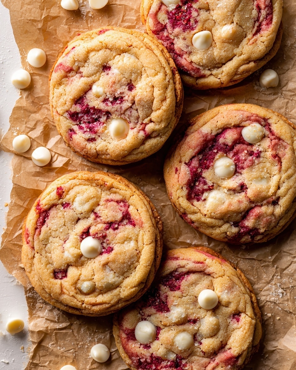 The image shows five round cookies with a golden brown, slightly crispy edge and soft centers. Each cookie has a marbled texture of deep red swirls mixed into the light brown dough, giving a raspberry-like color effect. Scattered on top of and around the cookies are small, irregular white chips that look like white chocolate, adding texture and contrast. The cookies rest on crumpled brown parchment paper, placed over a white marbled surface, visible mostly on the left and bottom edges. The photo is taken from above, showing the detailed texture of the cookies and the scattered white chips around them. photo taken with an iphone --ar 4:5 --v 7