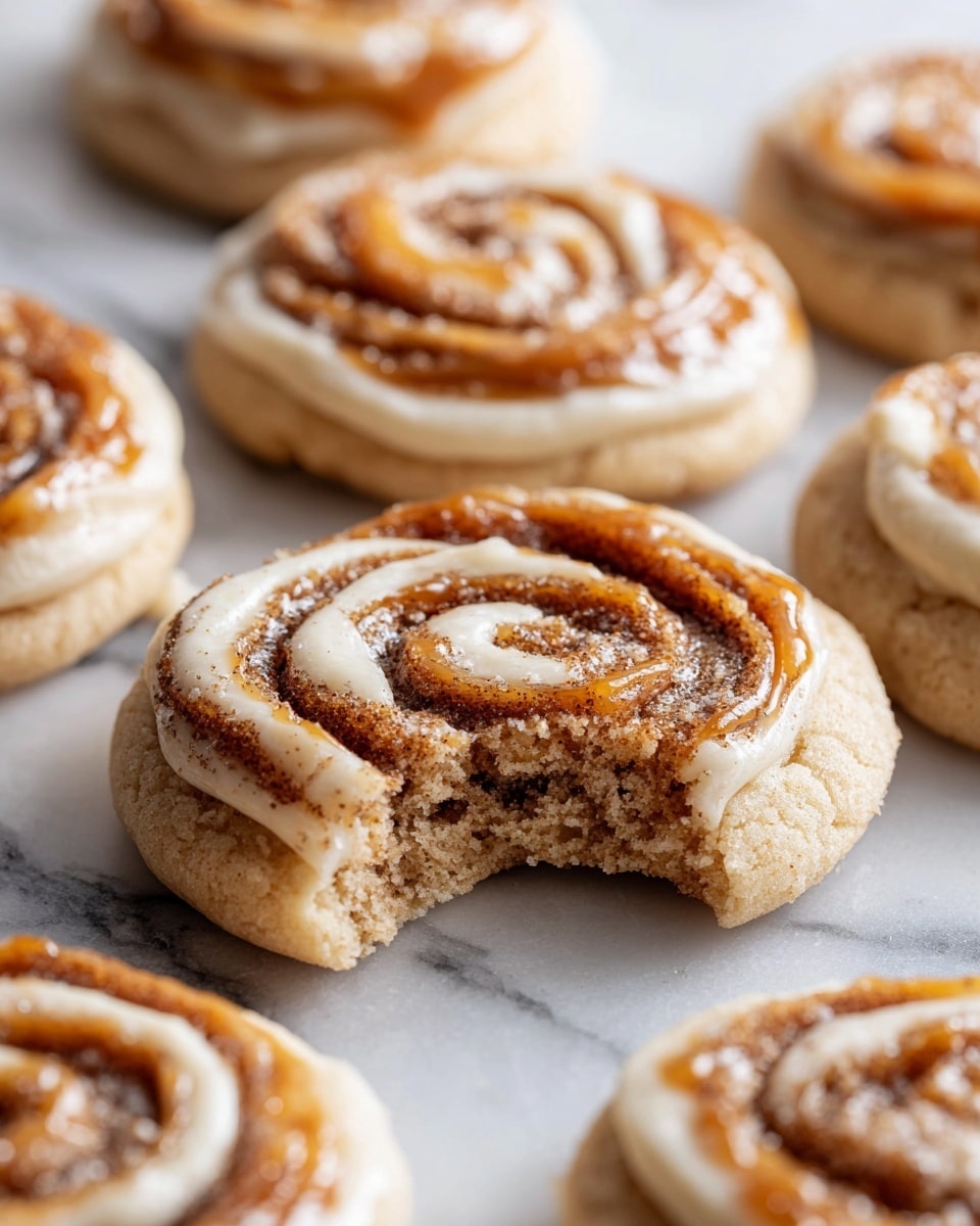 The image shows several round cinnamon roll sugar cookies placed close together on a white marbled surface. Each cookie has two main layers: the bottom is a light beige, soft-looking cookie base, and the top is a glossy, caramel-colored swirl of cinnamon sugar with a shiny glaze that catches the light. One cookie near the center has a bite taken out of it, revealing the soft and slightly crumbly texture inside. The swirls on each cookie range from golden brown to deep amber, with some darker spots from the caramelization. photo taken with an iphone --ar 4:5 --v 7