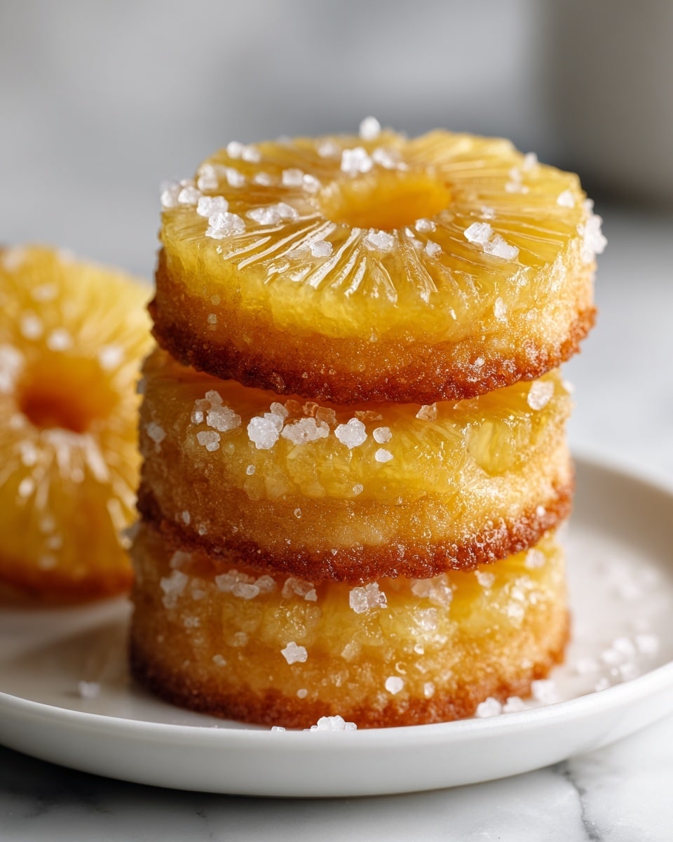 A stack of four round pineapple cakes sits on a white plate placed on a white marbled surface. Each cake has a golden yellow pineapple slice on top with clear, juicy segments and a slightly glossy finish. The edges of the cakes are coated in coarse sugar crystals, giving a sparkling effect. The cakes have a soft, yellow base visible on the sides, and the plates' surface shows multiple rings of pineapple cakes, slightly blurred in the background. photo taken with an iphone --ar 4:5 --v 7