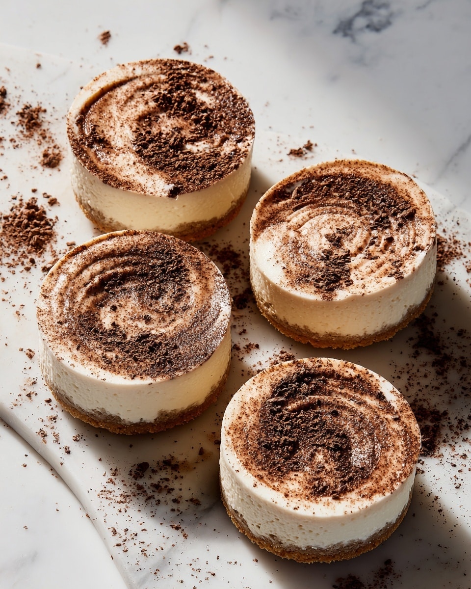 This image shows four round tiramisu desserts placed close together on a white marbled surface. Each dessert has two visible layers: a bottom light brown cake or biscuit layer with a slightly rough texture and a top thick cream layer with a smooth, fluffy texture. The cream layer is topped with an even dusting of dark brown cocoa powder, and there is a decorative swirl pattern in the cream on each tiramisu that is also covered lightly with cocoa powder. The cocoa powder is scattered around the desserts on the white marbled surface, adding a rustic touch. Photo taken with an iphone --ar 4:5 --v 7