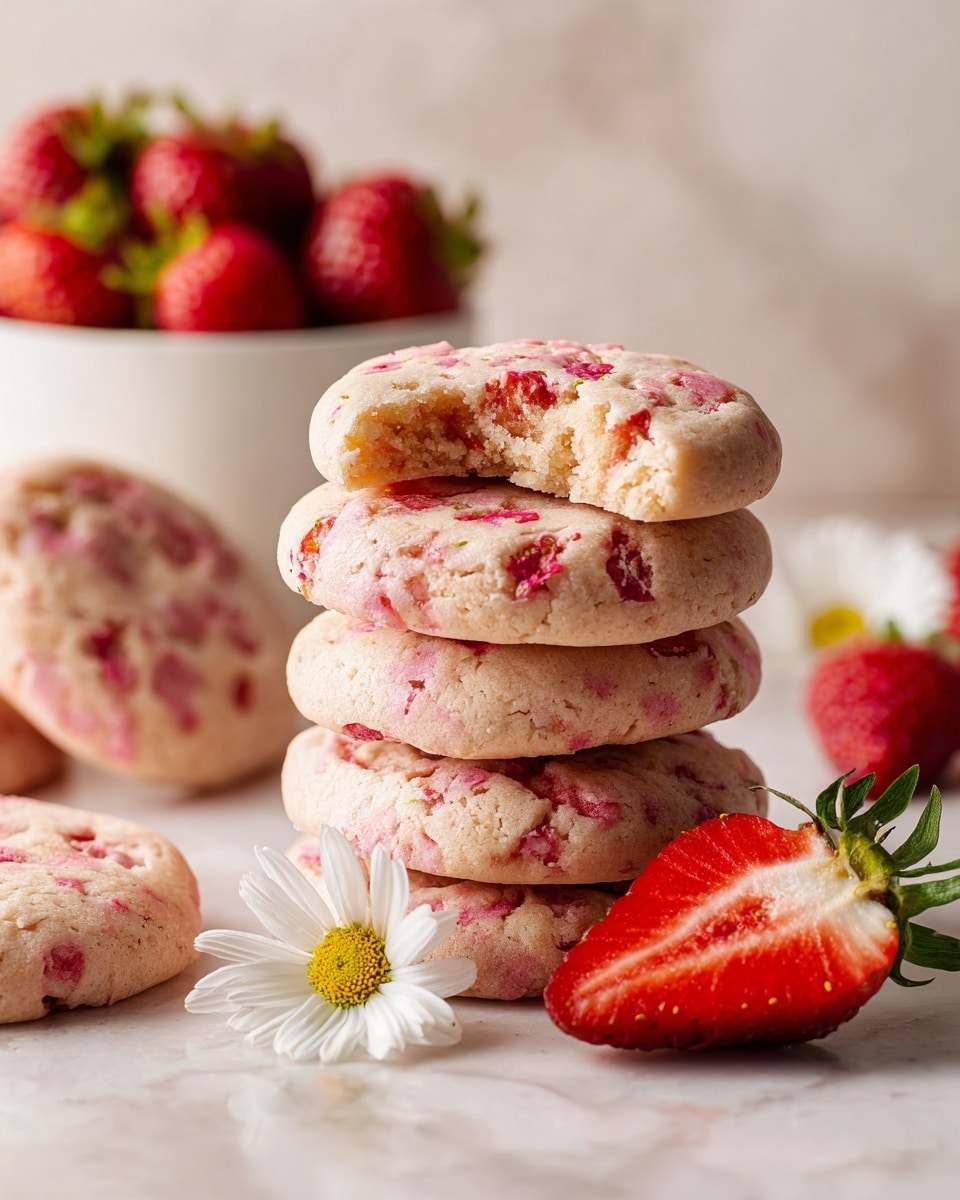 A stack of soft, round cookies with a light pink color and red strawberry bits marbled throughout, showing a bite taken from the top cookie, revealing a slightly thicker white inside layer. Around the stack, there are more cookies scattered, all sharing the same pink and red swirled pattern with a soft texture. Next to the stack is a white plate filled with whole bright red strawberries and a halved strawberry with a red outside and white center placed nearby, along with a small white daisy flower. The scene is set on a surface with a white marbled texture. photo taken with an iphone --ar 4:5 --v 7