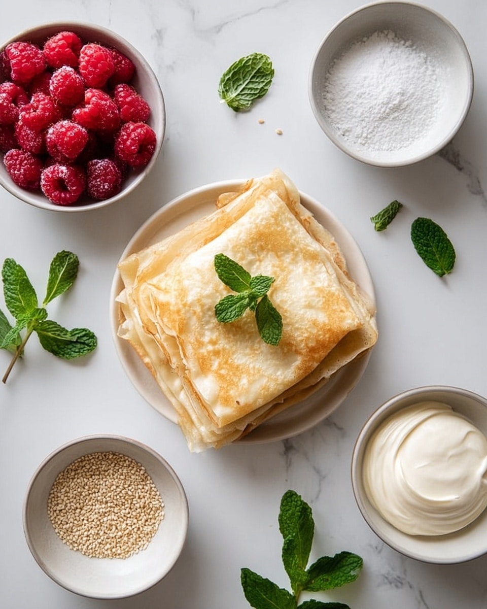 A stack of four folded crepes is placed in the center on a white marbled surface, topped with a small bunch of fresh green mint leaves. Surrounding it are five small white bowls: one filled with bright red raspberries, another with white powdered sugar, one with light brown sugar, the fourth containing pale sesame seeds, and the last one holding smooth white cream. Scattered fresh green mint leaves are also placed around the setup. The photo taken with an iphone --ar 4:5 --v 7