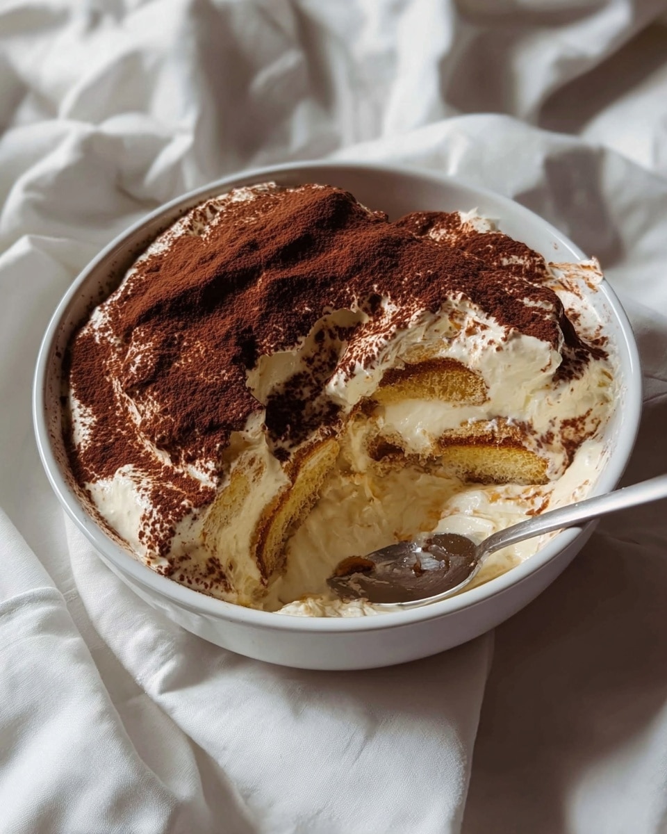A white bowl filled with a creamy layered dessert, showing three visible layers of soft soaked cake in the middle, separated by thick, smooth off-white cream layers, all topped with an even dusting of dark brown cocoa powder. The texture of the cake layers appears slightly spongy and moist, while the creamy layers are rich and smooth. A silver spoon is placed inside the bowl, scooping some of the dessert, revealing the soft texture beneath. The bowl is set on white cloth with a soft, wrinkled texture, and the whole scene rests on a white marbled surface. Photo taken with an iphone --ar 4:5 --v 7