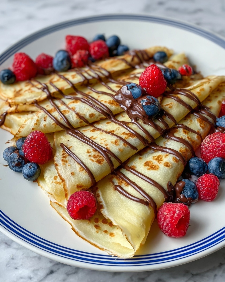 The image shows two folded crepes placed side by side on a white plate with a blue rim, sitting on a white marbled surface. Each crepe is golden yellow with slight brown spots and has three layers visible from the fold. On top of the crepes, there is a thick drizzle of smooth, glossy chocolate sauce that flows in thin lines across the full surface. Scattered around and on the crepes are fresh raspberries and blueberries, adding bright red and deep blue colors and a soft, textured look. The berries contrast vividly with the light crepes and dark chocolate. Photo taken with an iphone --ar 4:5 --v 7