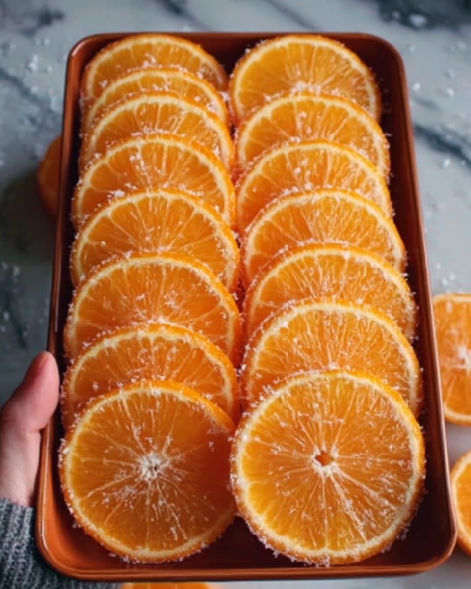 The image shows a tray filled with neatly stacked orange slices that have been peeled and cut horizontally into thick rounds. Each orange slice has a bright, juicy orange color with a smooth, shiny surface and visible white membranes radiating from the center. The slices are arranged in two or three layers on a brown tray, with some slices overlapping slightly. A woman's hand holds the edge of the tray, and the background features a white marbled texture. photo taken with an iphone --ar 4:5 --v 7