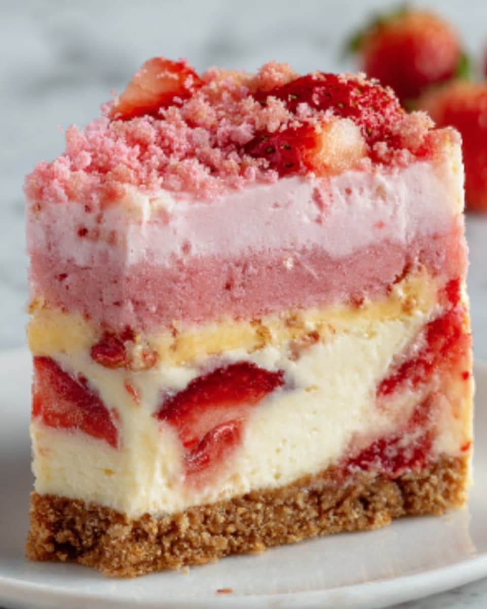A slice of layered cheesecake featuring a bottom layer of light brown crumbly crust, topped with a thick creamy white layer mixed with pieces of red strawberries. Above this is a pink creamy layer with strawberry bits running through it, followed by a thin layer of white cream. The top layer consists of crumbly pink streusel covering the surface, with some whole strawberries visible on the blurred white marbled background. The colors are soft and pastel, giving a fresh, sweet look. Photo taken with an iphone --ar 4:5 --v 7