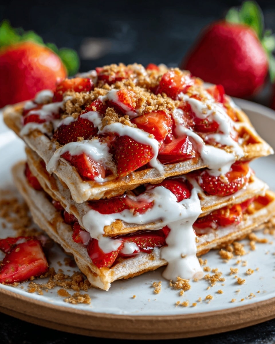 A stack of three golden brown waffles is neatly placed on a white plate, each waffle layer separated by a layer of fresh, bright red strawberry slices. A thick white cream sauce is drizzled generously on top, flowing down the sides and pooling slightly on the plate. Small brown crunchy pieces are sprinkled over the top and between the layers, adding texture. The plate sits on a white marbled surface, with a few whole strawberries casually placed around it in the background. Photo taken with an iphone --ar 4:5 --v 7