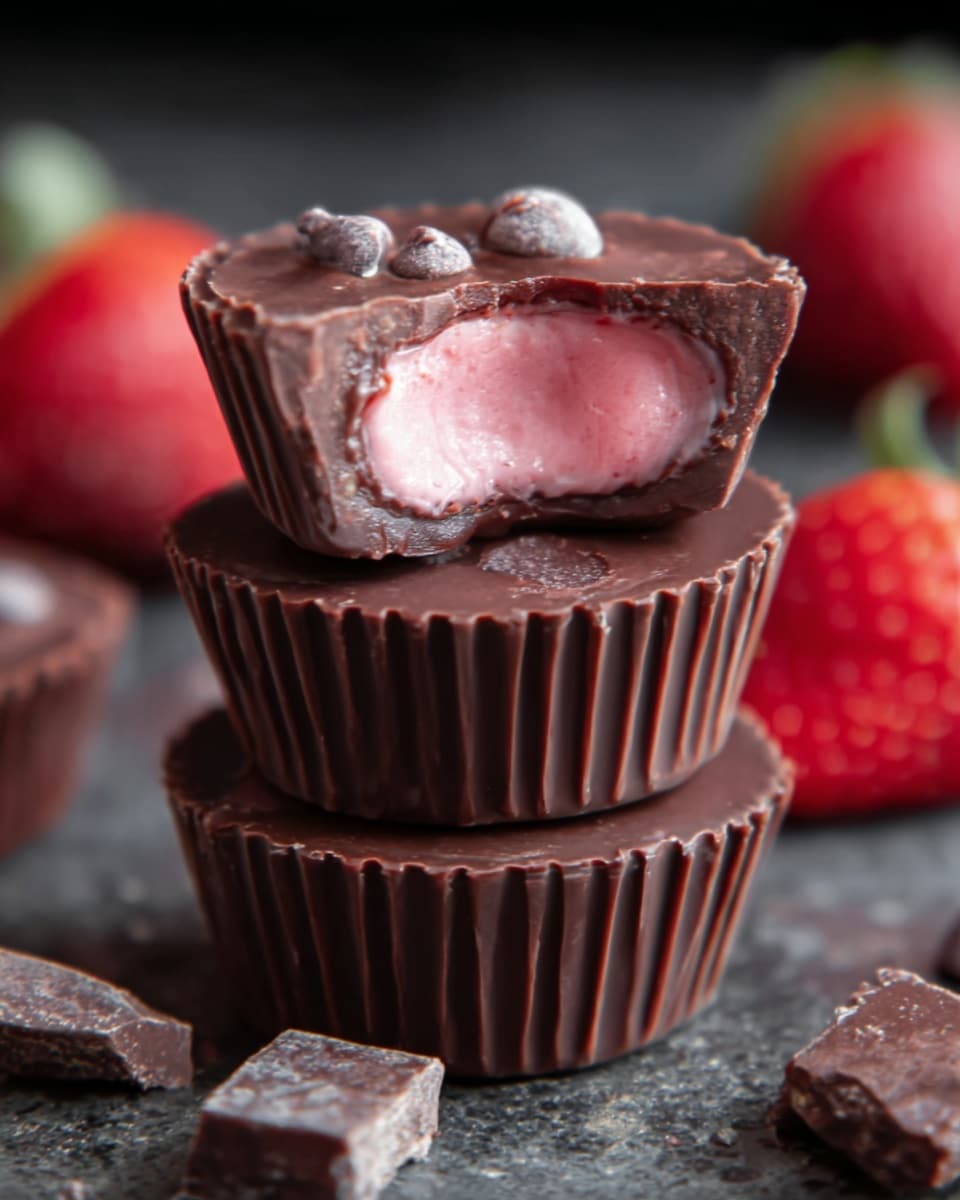 The image shows three chocolate cups stacked with one on top cut in half, revealing a smooth pink filling inside. The outer layer is shiny dark brown chocolate with ridged sides, and the top has small chocolate pieces scattered. The surface beneath is a dark textured stone with a few chunks of chocolate and a blurred red strawberry in the background. photo taken with an iphone --ar 4:5 --v 7