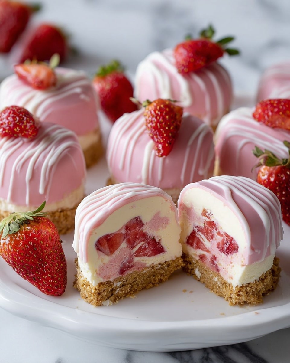 The image shows small round strawberry desserts on a white plate. Each dessert has three layers: a brown crumbly base, a thick white creamy middle layer, and a pink top layer with fresh strawberry pieces inside. The pink layer is smooth and coated with a shiny pink glaze, decorated with thin white icing lines on top. Fresh whole strawberries with green leaves are placed around the desserts on the plate. The background is a white marbled texture. photo taken with an iphone --ar 4:5 --v 7
