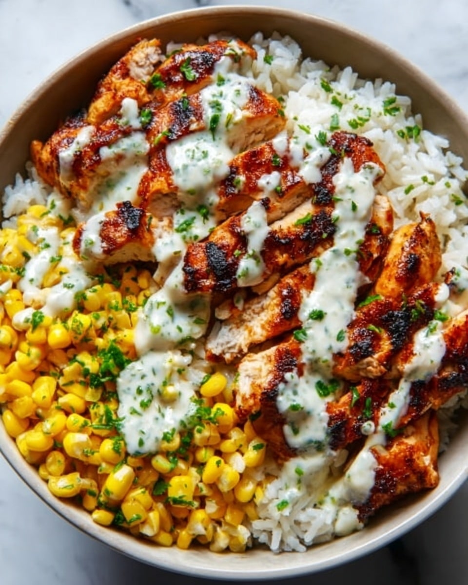 A white bowl holds a colorful meal with three layers visible: at the bottom, a bed of soft white rice, topped with golden grilled chicken pieces that have dark char marks and a drizzle of white creamy sauce with green herb bits, and on one side, bright yellow corn mixed with fresh green cilantro leaves. The bowl sits on a white marbled surface. Photo taken with an iphone --ar 4:5 --v 7