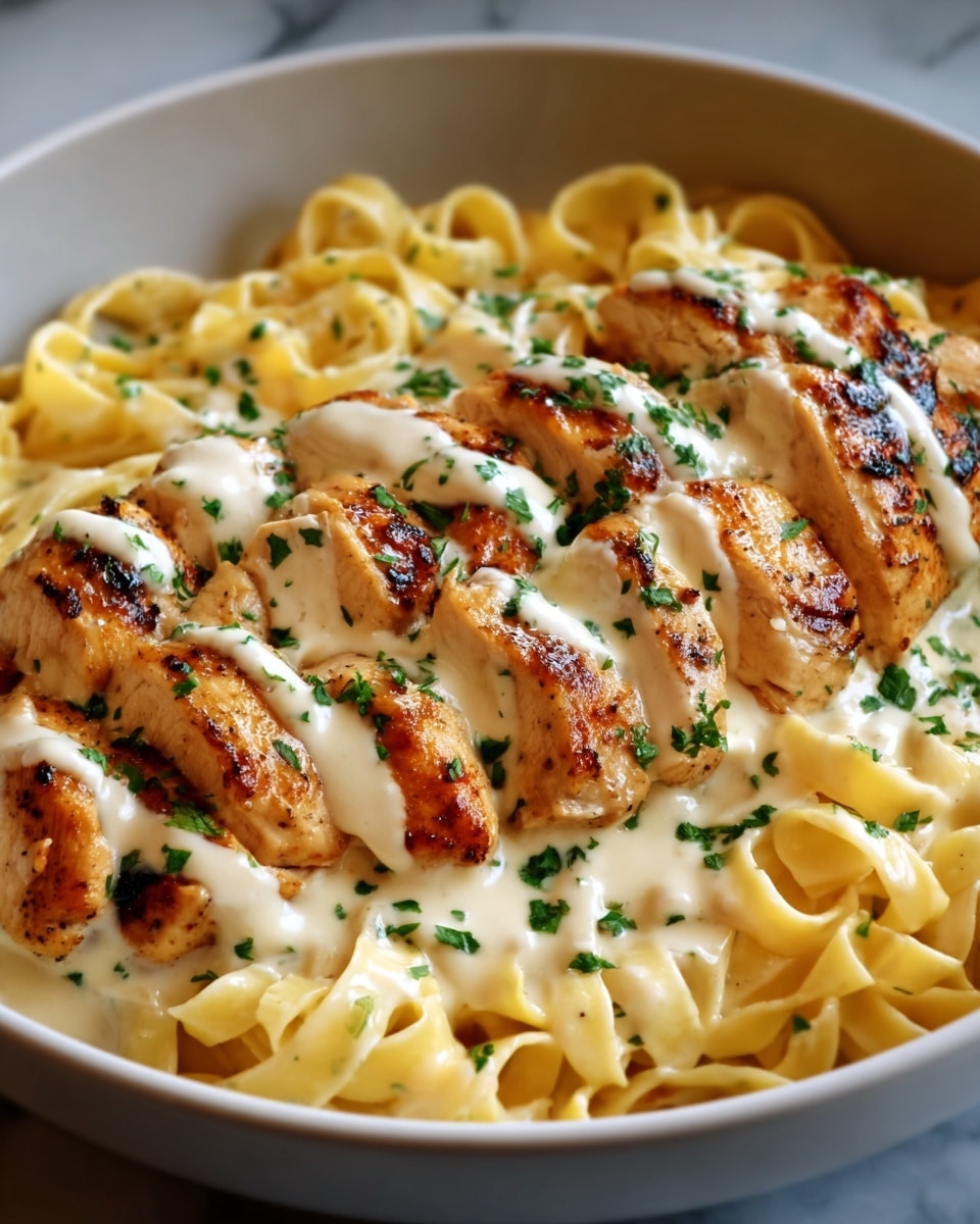 A white bowl filled with creamy fettuccine pasta as the base layer, smooth and light yellow in color, topped with six golden-brown grilled chicken pieces evenly spaced on top, each piece slightly shiny and garnished with small green parsley bits, all sitting on a white marbled surface. The creamy sauce is visible glistening around and on top of the pasta and chicken, adding a rich texture to the dish. Photo taken with an iphone --ar 4:5 --v 7