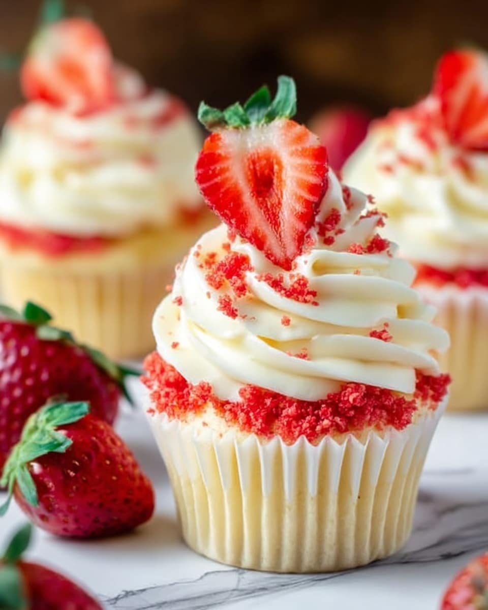 The image shows a close-up of a white cupcake with creamy white frosting swirled on top in a layered, smooth texture. The frosting is covered with small, crumbly pieces in shades of pink and light red, giving a crunchy look. On the very top sits a half piece of fresh red strawberry with green leaves, adding bright color and freshness to the cupcake. In the background, there are two similar cupcakes and some whole strawberries, all placed on a white marbled surface. photo taken with an iphone --ar 4:5 --v 7