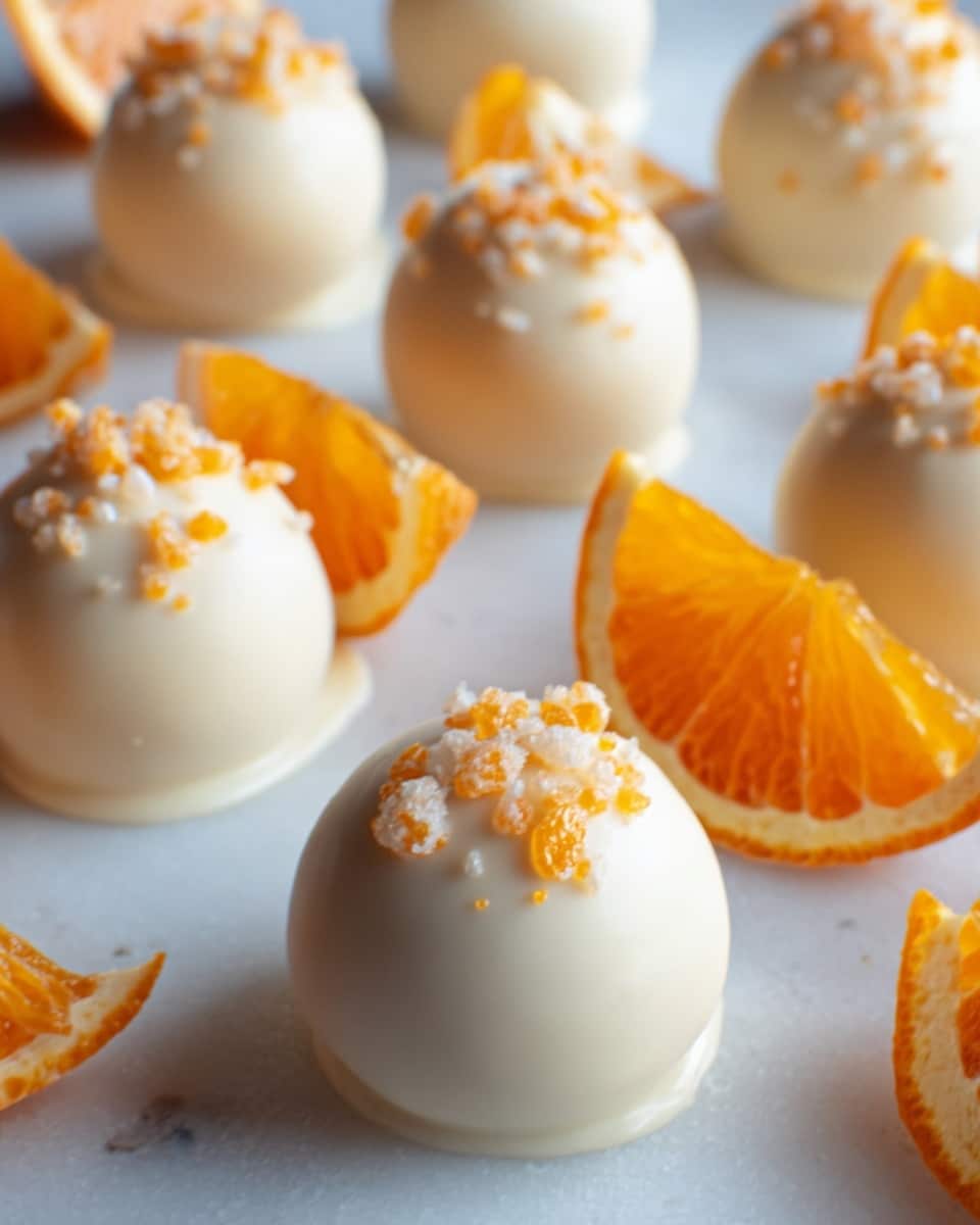 The image shows a close-up of round white chocolate truffles placed in a neat formation on a white marbled surface. Each truffle is coated in smooth, shiny white chocolate with a slightly rough texture at the top, covered with small, round orange and white sprinkles. The truffles are evenly spaced, and between them, there are bright orange slices that add a pop of color. The overall feel is clean and fresh with soft light highlighting the smoothness of the truffles and the vibrant orange of the fruit. Photo taken with an iphone --ar 4:5 --v 7