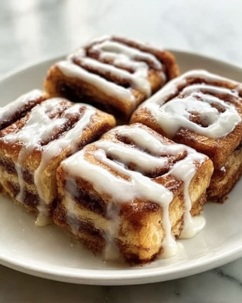 The image shows four square cinnamon rolls placed close together on a white plate. Each cinnamon roll has visible layers of soft dough with brown cinnamon swirls in between. On top, there is a thick layer of white icing drizzled evenly, slightly melted and dripping down the sides. The plate is set on a white marbled surface, giving a clean and bright look. The cinnamon rolls look warm, soft, and sticky with a shiny glaze. Photo taken with an iphone --ar 4:5 --v 7