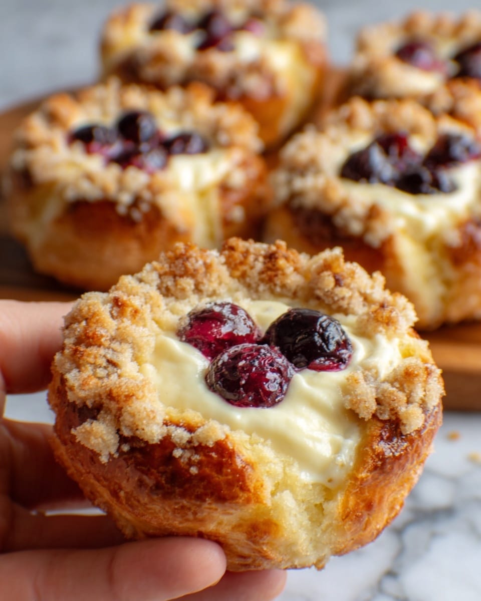 The image shows a close-up of several small round pastries with a golden-brown crust, each topped with a crumbly streusel layer. Inside the main pastry in the foreground, there is a creamy white filling surrounded by whole dark berries, likely blueberries, with a glossy look. A woman's hand is gently holding this pastry, pulling it slightly to show the gooey cream center and the soft, fluffy texture of the dough. All pastries rest on a white marbled surface. Photo taken with an iphone --ar 4:5 --v 7
