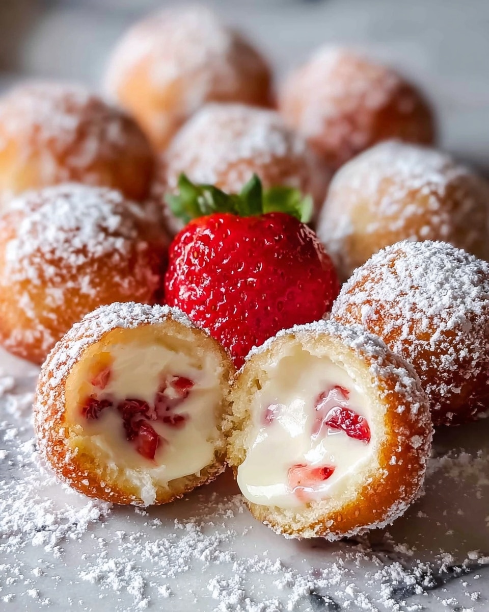The image shows round mini cakes with a light golden brown outer layer covered in powdered sugar. Each cake is filled with a creamy white center that has small bits of red strawberry inside. Some of the cakes have a dollop of red strawberry topping on them. In the middle of the cakes, there is a fresh red strawberry with green leaves. The treats are placed on a surface with a white marbled texture, with a small pile of powdered sugar next to them. Photo taken with an iphone --ar 4:5 --v 7