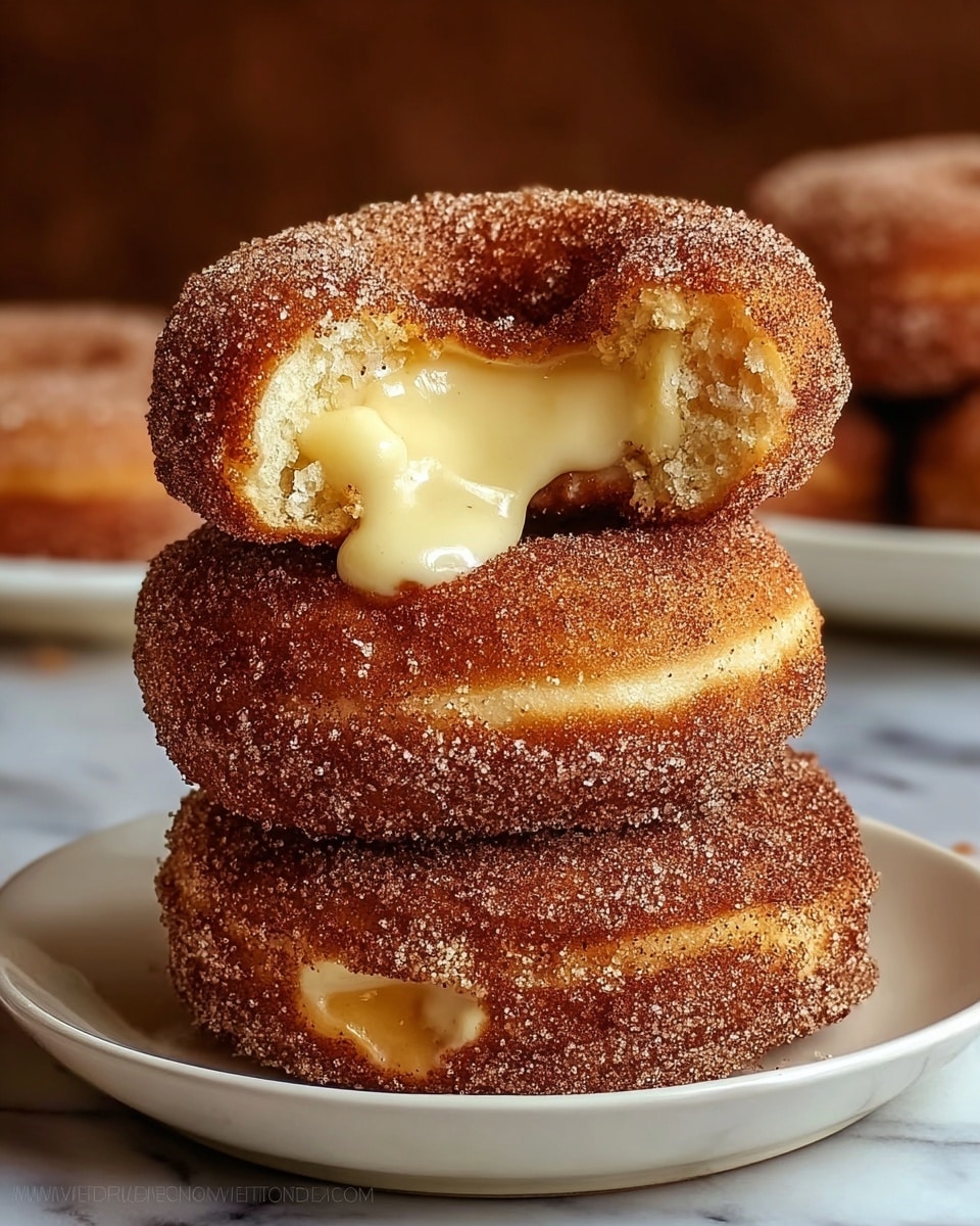 A close-up view of three stacked donuts on a white plate, all covered in a brown cinnamon sugar coating with a slightly grainy texture. The top donut has a bite taken out of it, revealing a smooth, creamy, pale yellow filling inside a soft, light golden dough. The middle donut shows a thin layer of the same creamy filling between two ring-shaped dough layers. The background is soft and blurred with warm tones, placing focus on the donuts, all placed on a white marbled surface. photo taken with an iphone --ar 4:5 --v 7