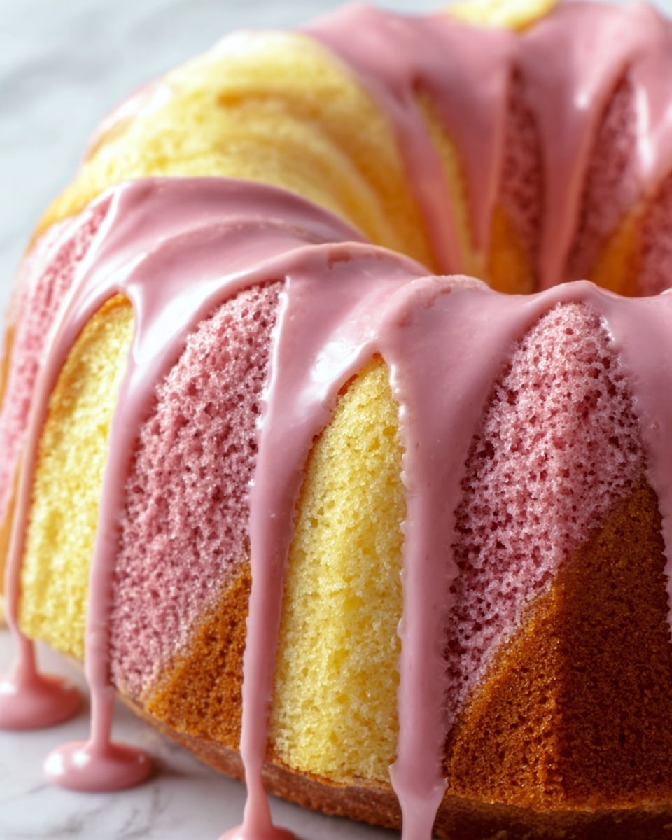 The image shows a close-up of a colorful bundt cake with three visible layers in a repeating pattern: light yellow, light brown, and light pink). The cake is topped with smooth, thick light pink glaze that evenly drips down the sides, highlighting the ridges of the cake. The texture of the cake looks soft and spongy, with small air holes visible in the pink and yellow layers. The cake sits on a white marbled surface. photo taken with an iphone --ar 4:5 --v 7