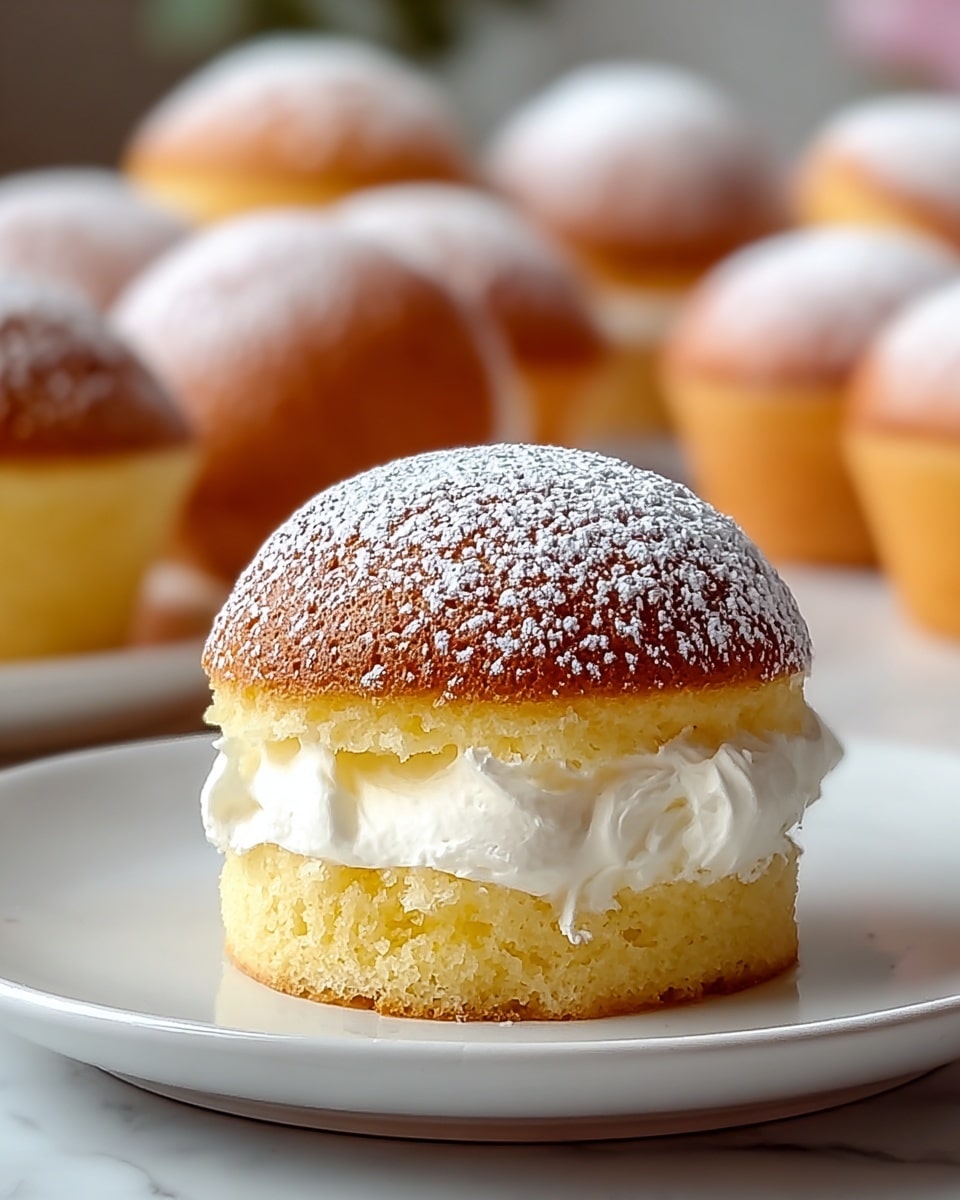 A close-up of small golden sponge cakes, each topped with a light dusting of white powdered sugar. One cake in the front is cut in half horizontally and filled with a thick layer of white whipped cream in the middle. The cakes have a soft and fluffy texture, resting on a clean white plate placed on a white marbled surface. More similar cakes are blurred in the background, all showing the same powdered sugar tops and soft texture. photo taken with an iphone --ar 4:5 --v 7
