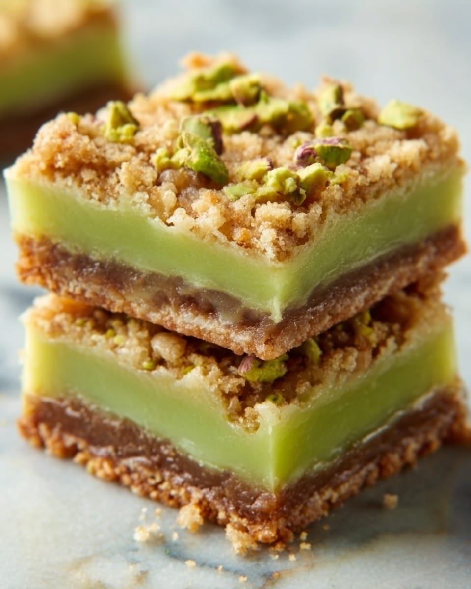 The image shows two stacked dessert squares with three distinct layers. The bottom layer is a firm, brown crust, looking slightly crumbly. The middle layer is a smooth, bright green filling with a creamy texture. The top layer is a golden-brown crumbly topping with small green pistachio pieces scattered on and around it. The background is a white marbled texture. photo taken with an iphone --ar 4:5 --v 7