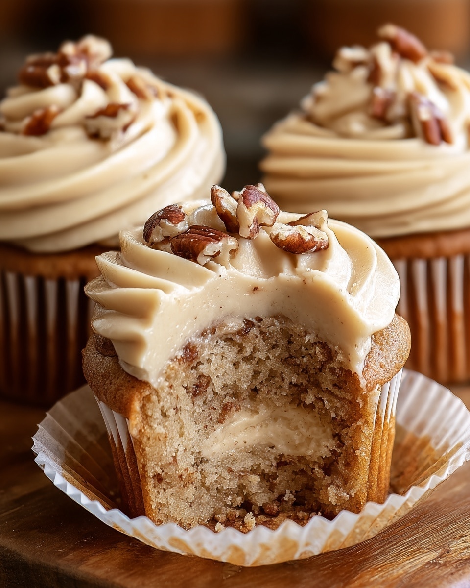 The image shows a close-up of three cupcakes on a white marbled surface, with one cupcake in the front that has a bite taken out of it to reveal the inside. Each cupcake has two main layers: a light brown cake base and a creamy light tan frosting both inside and on top. The top layer of frosting is piped in a swirled, round shape, and the inside frosting layer is smooth and hidden within the cake. Crushed and whole pecan pieces are sprinkled on top of the frosting, giving a textured brown and beige contrast. The cupcakes sit inside white cupcake liners, emphasizing the warm color of the cake and frosting. Photo taken with an iphone --ar 4:5 --v 7