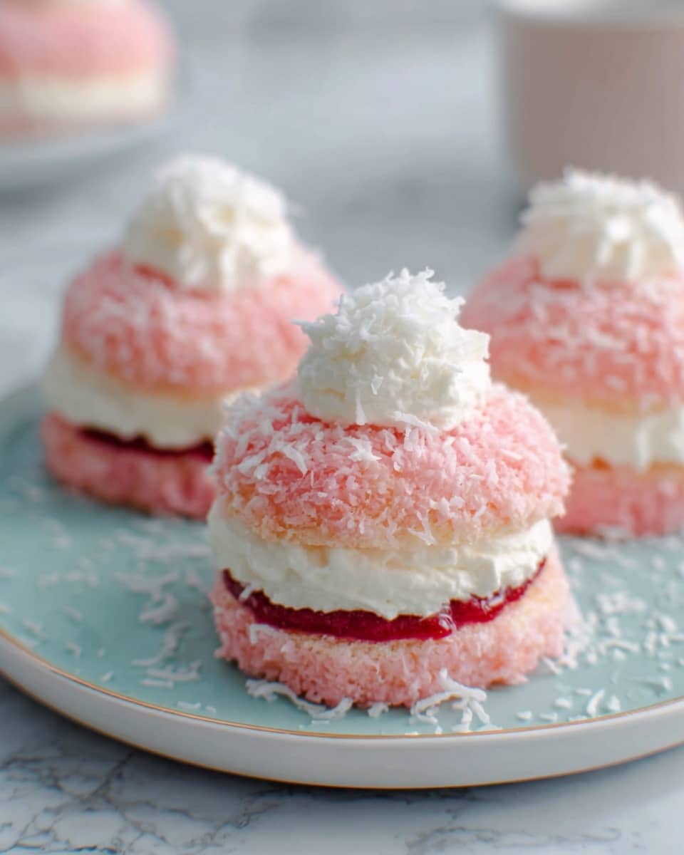 The image shows small round pink cakes with three layers each, placed on a white plate with a gray edge. The bottom and top layers are pink and covered in shredded coconut, giving a soft and fluffy look. In the middle, there is a white layer of thick cream and a thin layer of red jam, creating a nice contrast with the pink outside. The cakes are close to each other on the plate, and the background is a white marbled texture. Photo taken with an iphone --ar 4:5 --v 7