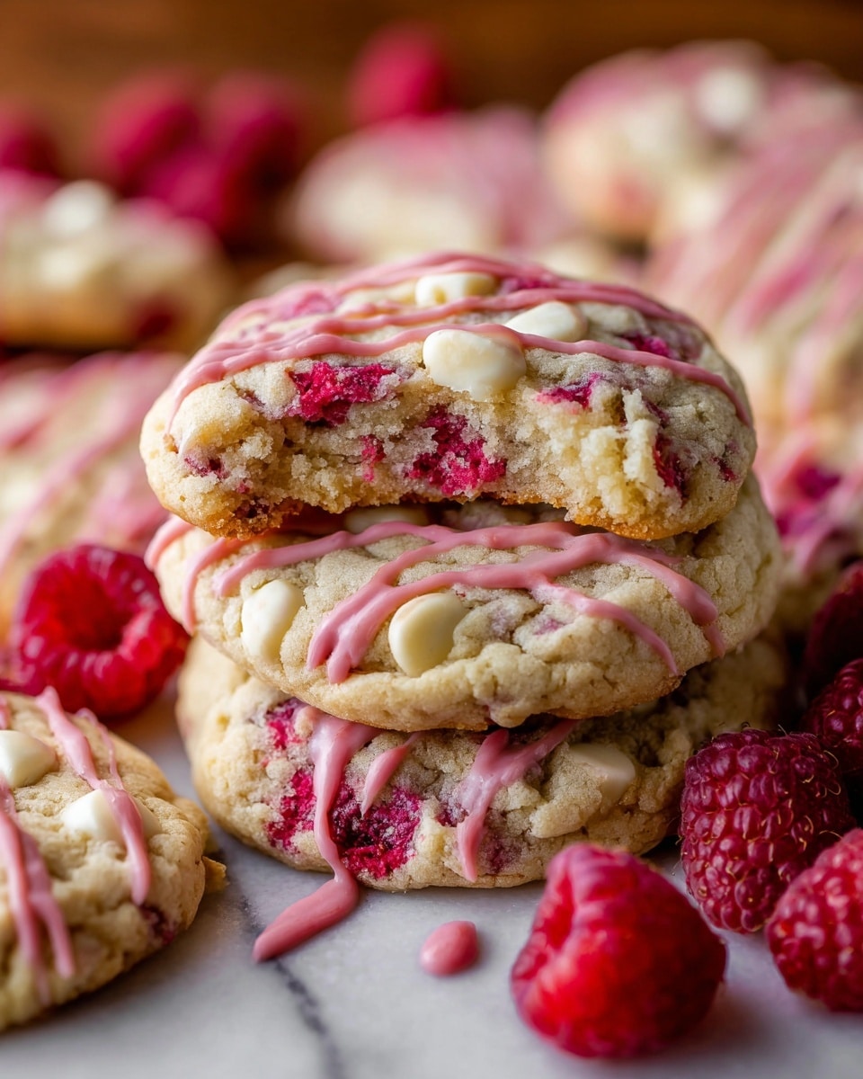 A close-up of a stack of soft cookies with creamy white chocolate chunks and bright red raspberries inside. The bottom layer of the stack is a white marbled surface with several spread-out cookies, pale golden in color with pink drizzle lines on top. The middle layer shows a cookie with thick pink drizzle on top, and the top layer is half a cookie with a bite taken out, revealing its soft texture and white chocolate pieces inside. Around the cookies are fresh red raspberries, some whole and some slightly crushed. Photo taken with an iphone --ar 4:5 --v 7