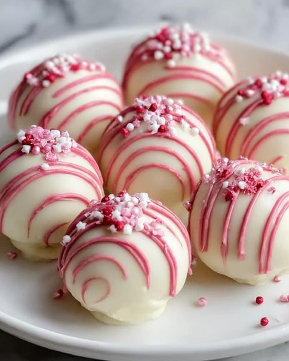 A white plate holds ten round dessert balls covered in smooth white chocolate, each drizzled with thin red lines evenly across the top and finished with small bits of red and white crushed candy sprinkled on them. The balls are arranged closely together on the plate, showing a glossy texture from the chocolate coating. The background and surface are a white marbled texture. Photo taken with an iphone --ar 4:5 --v 7