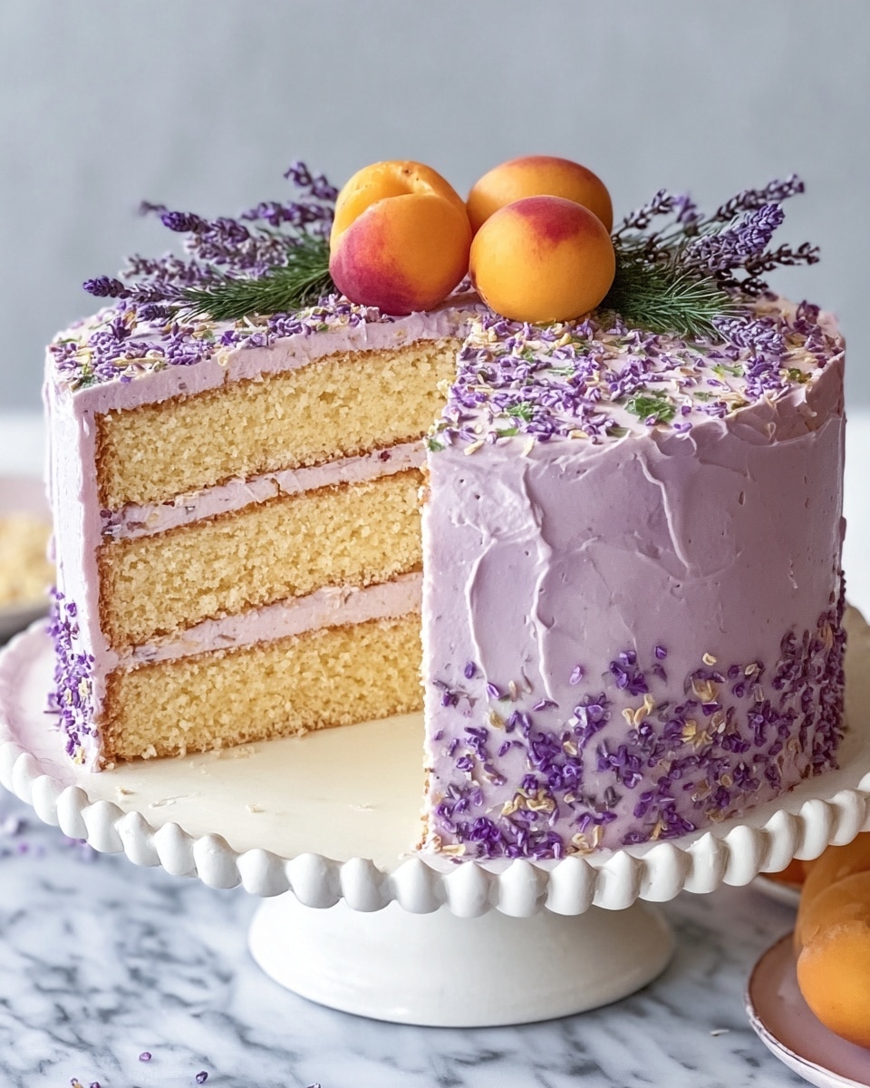 A three-layer cake with light, fluffy yellow sponge separated by creamy lavender-colored frosting. The outside is covered smoothly with the same lavender frosting, topped densely with small purple sprinkles. On top of the cake, there are four whole peaches arranged in a circle with sprigs of purple flowers around them. The cake sits on a white cake stand against a white marbled background. Photo taken with an iphone --ar 4:5 --v 7