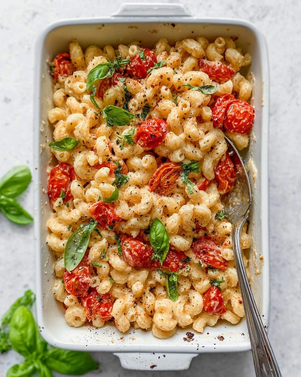 The image shows a white rectangular baking dish filled with creamy pasta. The pasta is elbow macaroni, light golden in color, mixed with roasted cherry tomatoes that add bright red spots throughout. Fresh green basil leaves are scattered on top, adding a fresh look. The pasta is covered in a smooth, light cream sauce with small bits of cheese and black pepper sprinkled over it. A silver spoon is placed on the right side inside the dish. The background is a white marbled surface with a few green basil leaves visible near the dish. Photo taken with an iphone --ar 4:5 --v 7