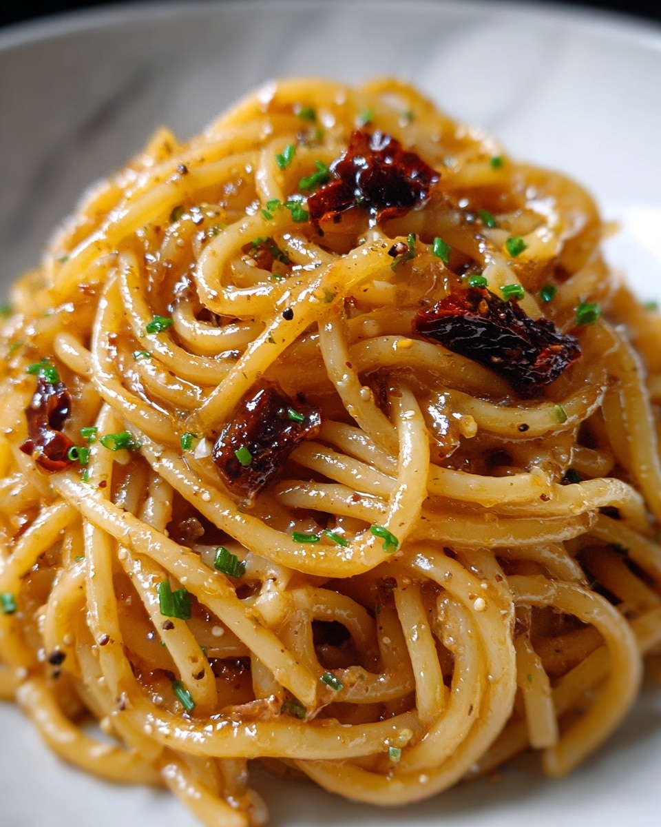A close-up view of a plate with a single layer of cooked spaghetti noodles that have a light golden color and a glossy texture from the sauce. Mixed in are small pieces of browned garlic and bits of reddish-brown chili flakes scattered across the top. There are small green herbs sprinkled lightly over the noodles, adding a fresh touch. The plate holding the pasta is white, and the image background is a white marbled texture. photo taken with an iphone --ar 4:5 --v 7