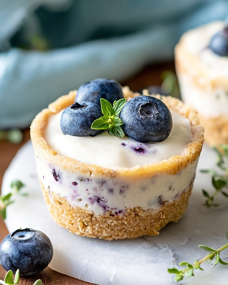 A close-up of a small tart with three visible layers: the bottom and sides are made of a golden brown, crumbly crust that looks crunchy, the middle layer is a creamy white filling with tiny dark specks swirling through it, and on top sit three fresh blueberries, two whole and one cut in half showing its juicy, greenish inside, garnished with a small green leaf. The tart rests on a white marbled surface with small green herbs scattered around. Photo taken with an iphone --ar 4:5 --v 7