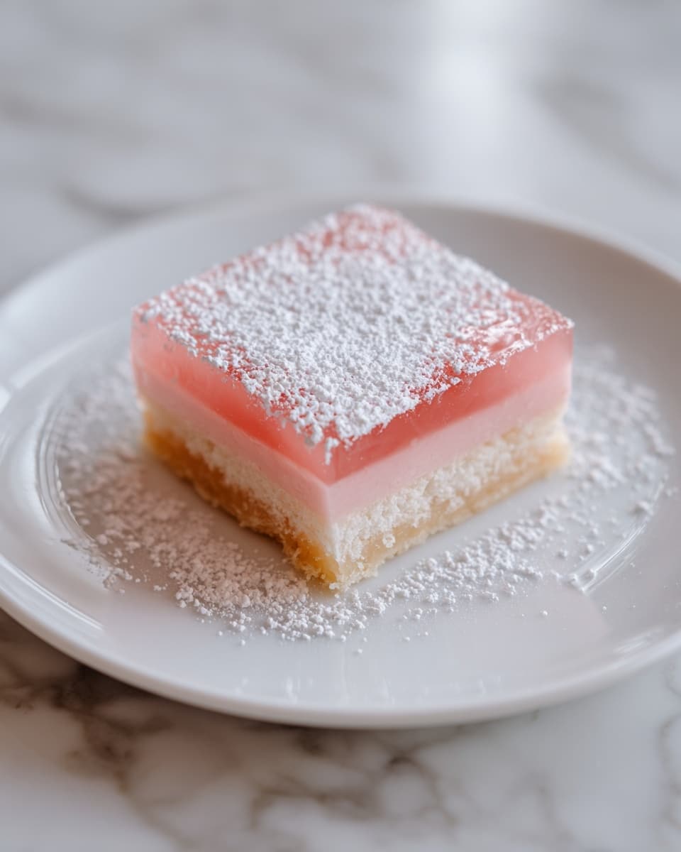 The image shows a square dessert bar with three clear layers on a white plate. The bottom layer is thick, pale beige, and looks like a soft crust. The middle layer is pink, smooth, and glossy, appearing like a jelly or custard. The top layer is a dusting of white powdered sugar, evenly covering the pink layer and the plate around the dessert. The plate sits on a white marbled surface. The photo taken with an iphone --ar 4:5 --v 7