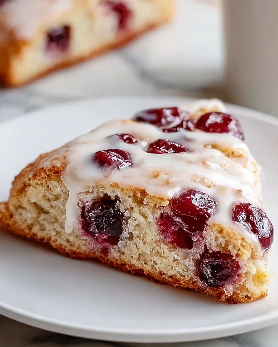 A close-up view of a white plate holding a slice of soft, light-colored bread with a slightly golden crust. The bread has several dark red berry spots inside, showing juicy berry filling scattered within the fluffy texture. The top layer is coated with a smooth, glossy white glaze that drips slightly over the edges, adding a shiny contrast to the bread. The plate sits on a white marbled surface, with blurred background elements giving a warm, cozy feel. photo taken with an iphone --ar 4:5 --v 7