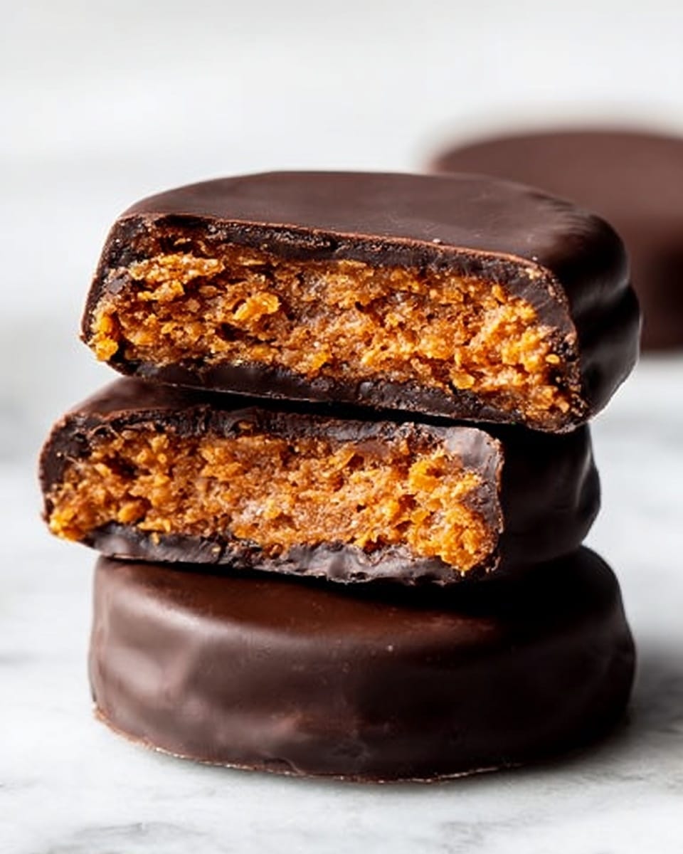 The image shows a close-up of three chocolate-covered cookie bars arranged vertically on a white marbled surface. The bottom layer is a smooth, dark chocolate coating with a slight shine and a rounded edge shape. On top of this base cookie, there are two halves stacked, exposing the inside layers. Each inside has a dense, crumbly orange-brown filling with visible crunchy bits, surrounded by a thin, glossy dark chocolate shell. The top half bar is balanced on the middle bar, both clearly showing the textured, layered filling inside. Photo taken with an iphone --ar 4:5 --v 7