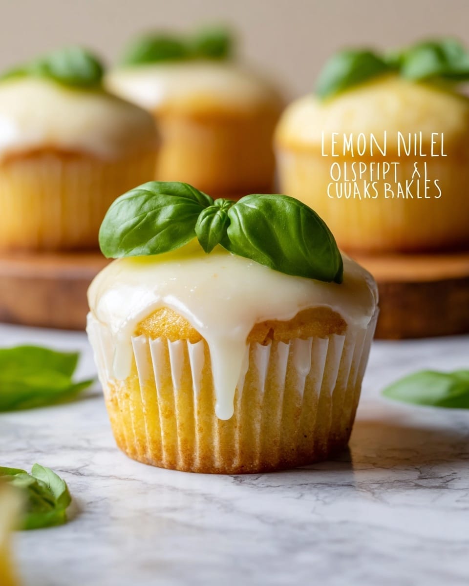 A close-up of a single lemon basil olive oil cupcake with a light yellow cake base wrapped in a slightly ridged white paper liner. The top is covered with a smooth, glossy white lemon glaze that drips slightly down the sides. A fresh green basil leaf sits neatly on the center of the glaze, adding a pop of color. In the background, blurred cupcakes with the same glaze and basil leaf topping are visible, all placed on a light wooden board on a white marbled surface. photo taken with an iphone --ar 4:5 --v 7