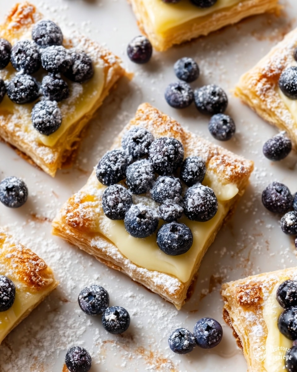 The image shows several square-shaped pastries on a white marbled surface. Each pastry has a golden-brown, flaky crust dusted with powdered sugar. On top of the crust, there is a smooth, creamy yellow layer of custard. Fresh, dark blue blueberries cover the custard layer, some dusted lightly with powdered sugar. The pastries are arranged closely together, creating a warm and inviting look. photo taken with an iphone --ar 4:5 --v 7