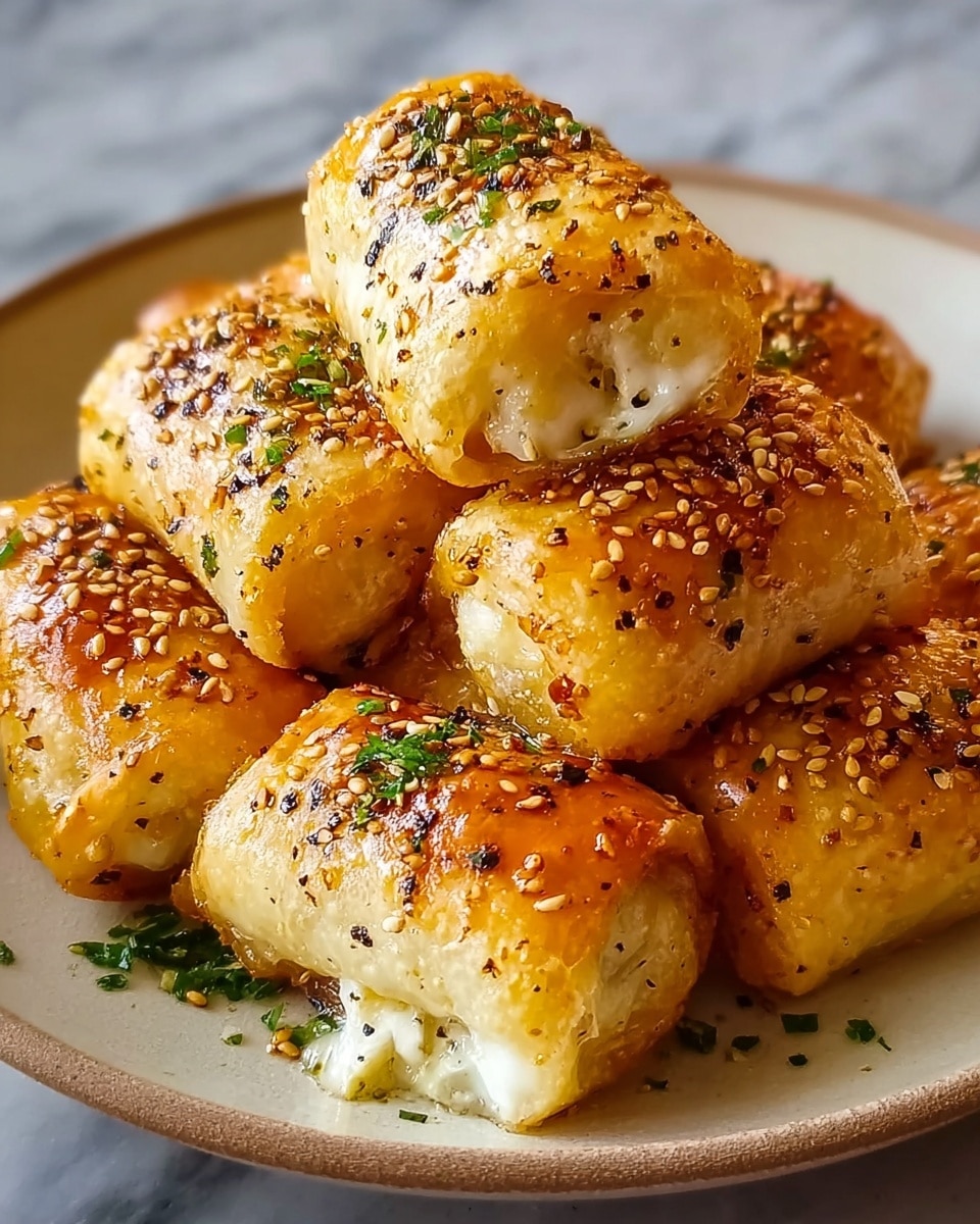 A close-up of several golden brown, crispy rolls arranged on a white plate with a slightly curved edge, each roll about three inches long and filled with a white creamy cheese visible inside one cut-open piece. The rolls have a shiny, oily surface sprinkled with toasted sesame seeds, small black and red chili flakes, and chopped green herbs scattered over and around them. The plate sits on a white marbled textured surface, highlighting the warm colors and textures of the rolls. photo taken with an iphone --ar 4:5 --v 7