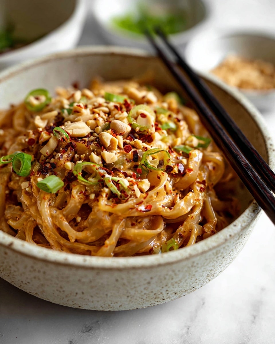 A white speckled bowl filled with a creamy, light brown noodle dish, with flat noodles twisted within the sauce. On top, scattered chopped green onions add a fresh green color, along with crushed peanuts providing a light beige crunch, and small red chili flakes sprinkled across the surface giving a hint of spice. A pair of black chopsticks rests on the edge of the bowl. The bowl sits on a white marbled surface with two blurred small white bowls in the background, one containing orange-red bits and the other bright green herbs. photo taken with an iphone --ar 4:5 --v 7
