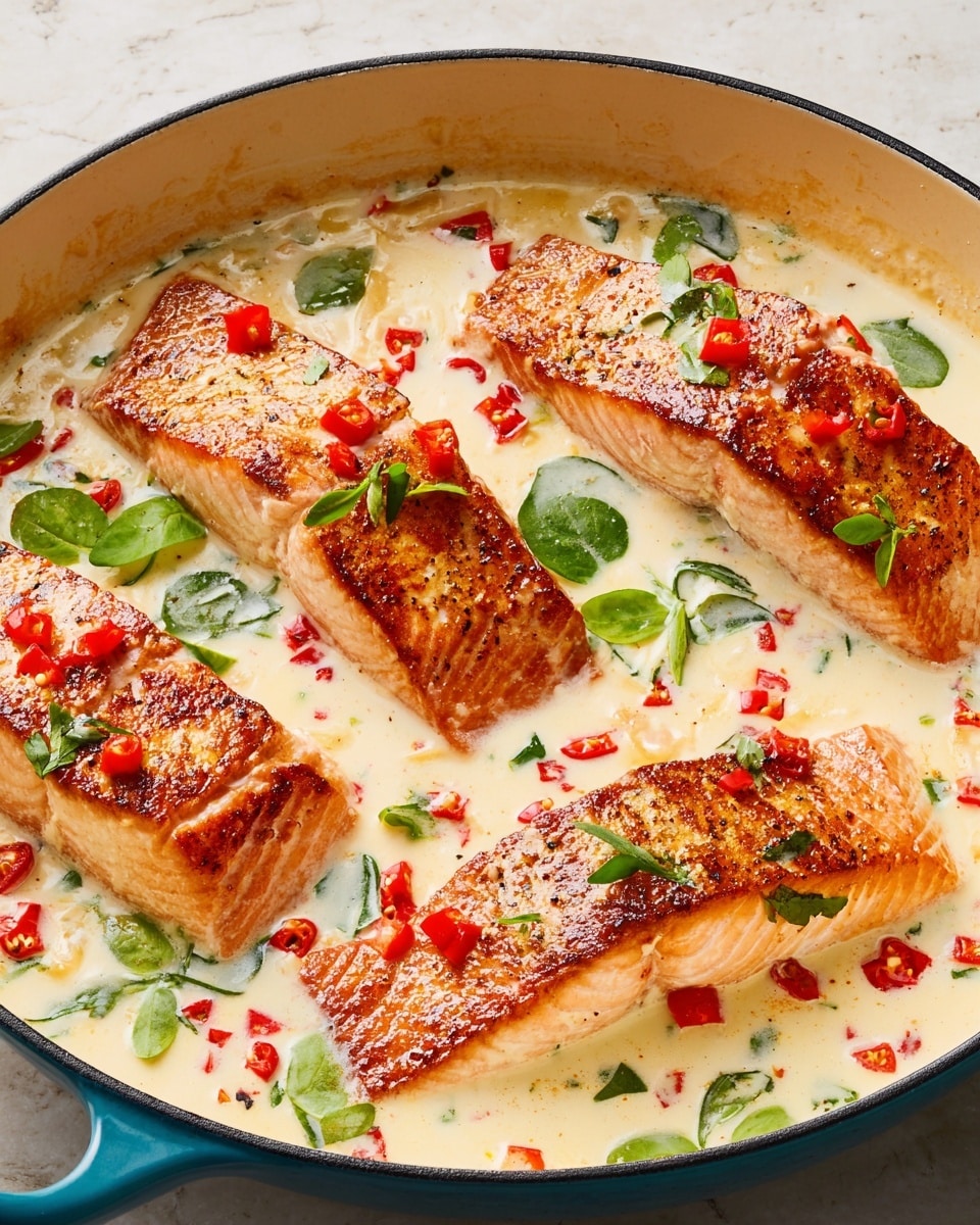 The image shows four cooked salmon fillets placed side by side in a white bowl, each fillet with a crispy, golden-brown surface. They lie in a creamy white sauce that partially covers the edges, creating a smooth texture around the fish. The salmon is topped with small, bright red diced pieces and scattered fresh green leaves, adding color contrast and freshness. The sauce has slight bubbles and a glossy finish, enhancing the creamy appearance. The bowl sits on a white marbled surface, adding a clean and fresh background. photo taken with an iphone --ar 4:5 --v 7