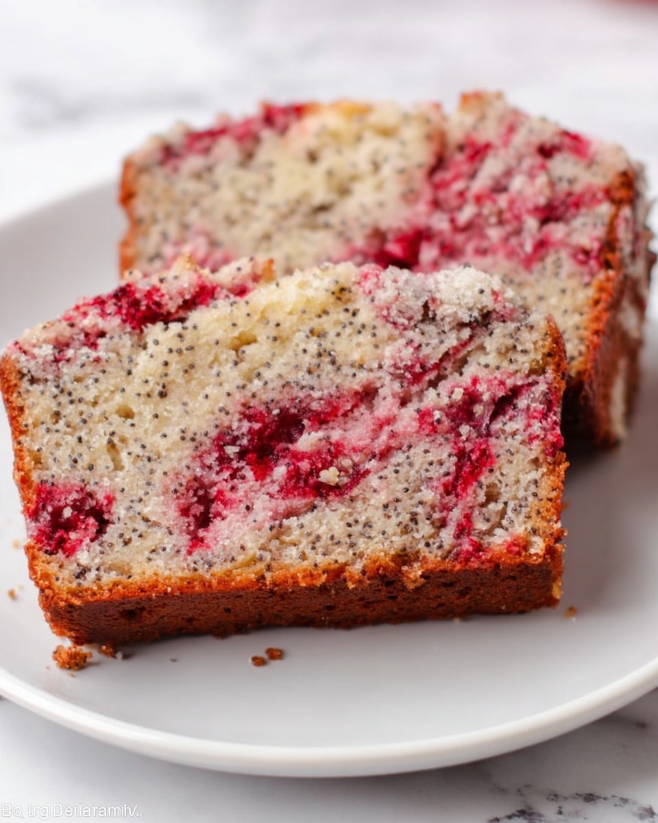 Two slices of crumbly poppy seed cake with swirls of red berry filling sit on a white plate. The cake layers show a light beige texture mixed with black poppy seeds, while the red berry parts are unevenly spread in soft, moist patches. The edges of the slices are slightly browned, giving a contrast to the inner crumb. The plate rests on a white marbled surface. photo taken with an iphone --ar 4:5 --v 7