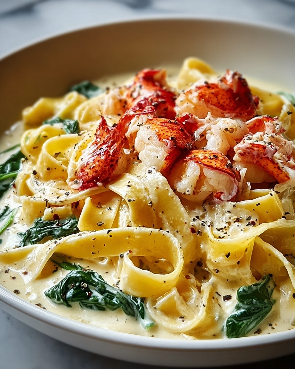 A close-up view of a white bowl filled with creamy fettuccine pasta, where the flat, wide noodles create the base layer with a smooth, glossy texture in pale yellow. On top, there are large chunks of bright orange-red lobster meat with a moist, slightly shiny surface, scattered evenly. Dark green spinach leaves are mixed in, adding a soft, leafy texture amid the pasta. The creamy white sauce coats the pasta and lobster, speckled with coarse black pepper, adding a hint of contrast and seasoning. Steam rises gently from the dish, highlighting its warmth. The bowl rests on a white marbled surface. photo taken with an iphone --ar 4:5 --v 7