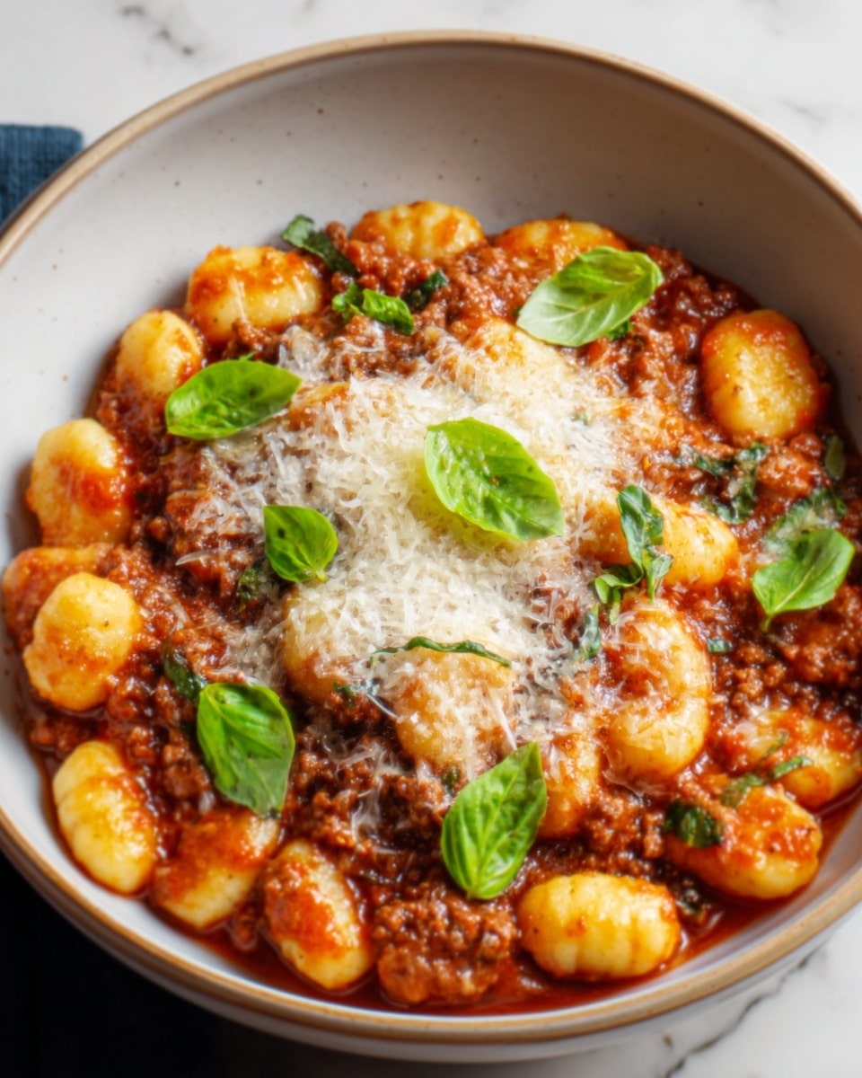 This image shows a black bowl filled with gnocchi covered in a thick tomato sauce mixed with ground meat, topped with grated cheese and fresh green basil leaves. The gnocchi are soft and slightly browned, sitting under a rich, chunky red sauce. The cheese is sprinkled unevenly and melting into the sauce, and the basil leaves add a bright green contrast on top. The bowl sits on a white marbled surface, making the colors of the food stand out. photo taken with an iphone --ar 4:5 --v 7