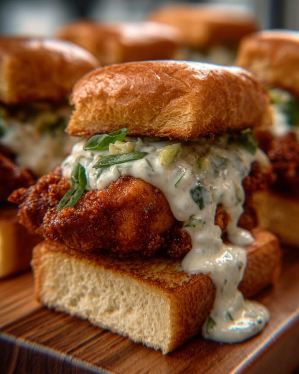 A close-up image of a sandwich featuring three layers, with a soft, glossy golden-brown bun on top. Beneath the bun, a chunky creamy sauce mixed with small pieces of green herbs and yellow bits sits generously over a thick, crispy, dark golden-brown fried item that looks crunchy and textured. The bottom layer is a white toasted bread slice that is slightly crispy and textured. The sandwich rests on a wooden surface with visible grain patterns. The photo taken with an iphone --ar 4:5 --v 7