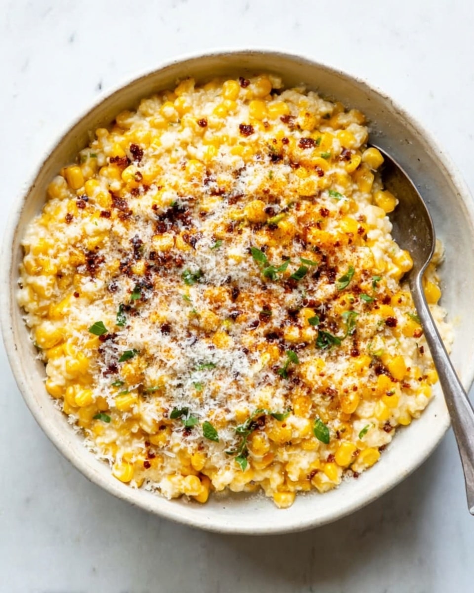 A white bowl filled with a creamy corn dish that has three main layers: the base layer is soft, white creamy sauce mixed with yellow corn kernels; the middle layer shows some melted cheese blending into the cream, giving a smooth rich texture; the top layer is sprinkled with dark reddish-brown chili powder, finely grated white cheese, and small green herb leaves scattered around. A silver spoon rests inside the bowl on the right side. The bowl is placed on a white marbled surface. photo taken with an iphone --ar 4:5 --v 7