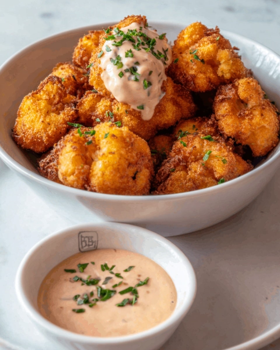 The image shows a white bowl filled with golden brown, crispy fried fritters that have a rough, crunchy texture. A large dollop of light beige sauce with green herbs on top sits on some fritters in the middle, adding a smooth contrast. Next to the fritters in the bowl is a small white bowl filled with more creamy sauce sprinkled with herbs. The background is a white marbled surface. The photo taken with an iphone --ar 4:5 --v 7