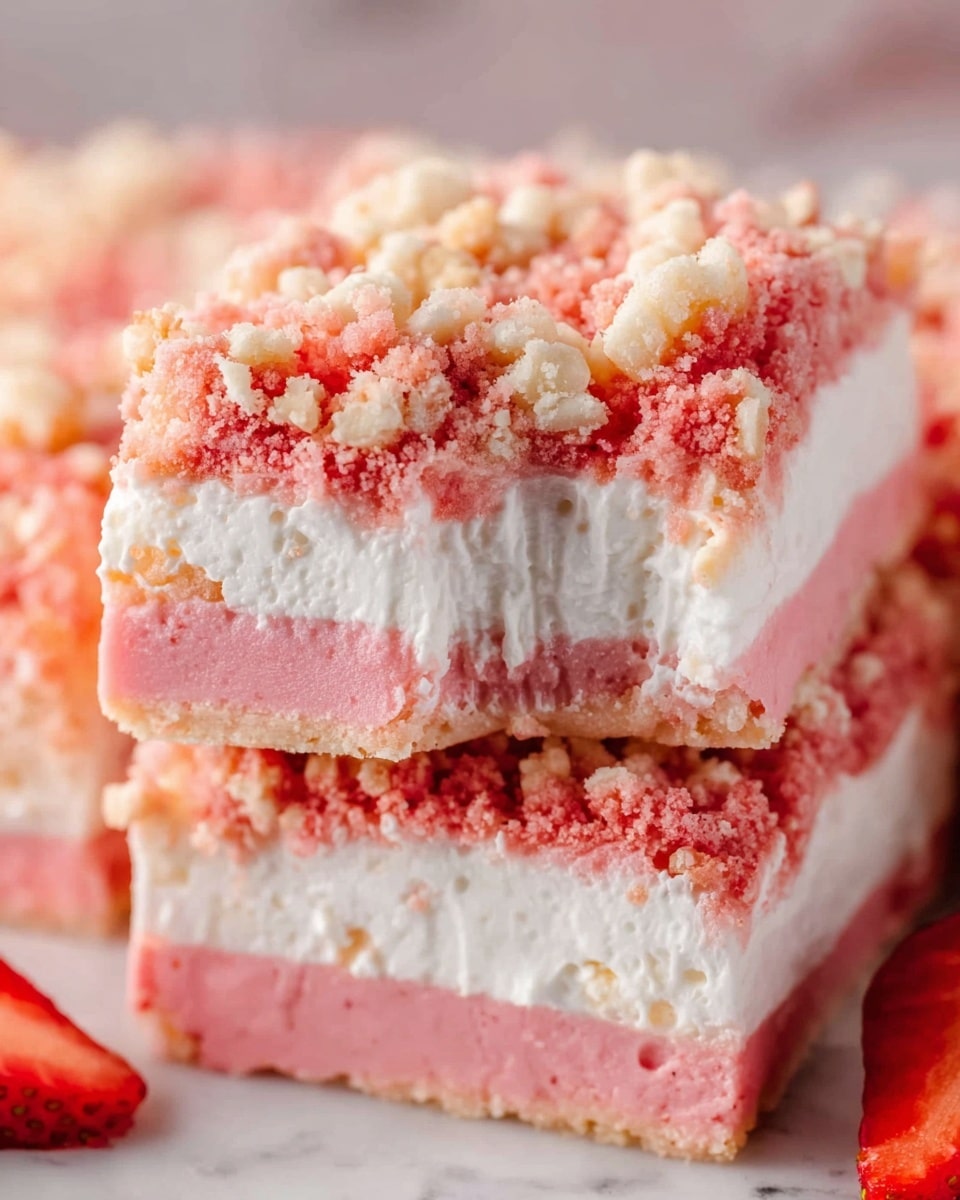 The image shows a close-up view of a dessert with three visible layers. The bottom layer is smooth and pink, likely a soft base or cake layer. The middle layer is thick and white, looking creamy and light, sitting right above the pink base. The top layer is crumbly with a mix of small coarse pieces in light pink and beige tones, covering the entire surface. Some crushed nuts or crumbs are visible within the topping. A bite has been taken out from the top piece, revealing the layers clearly. The dessert is placed on a white marbled surface with a hint of red in the background, possibly a sliced strawberry. photo taken with an iphone --ar 4:5 --v 7