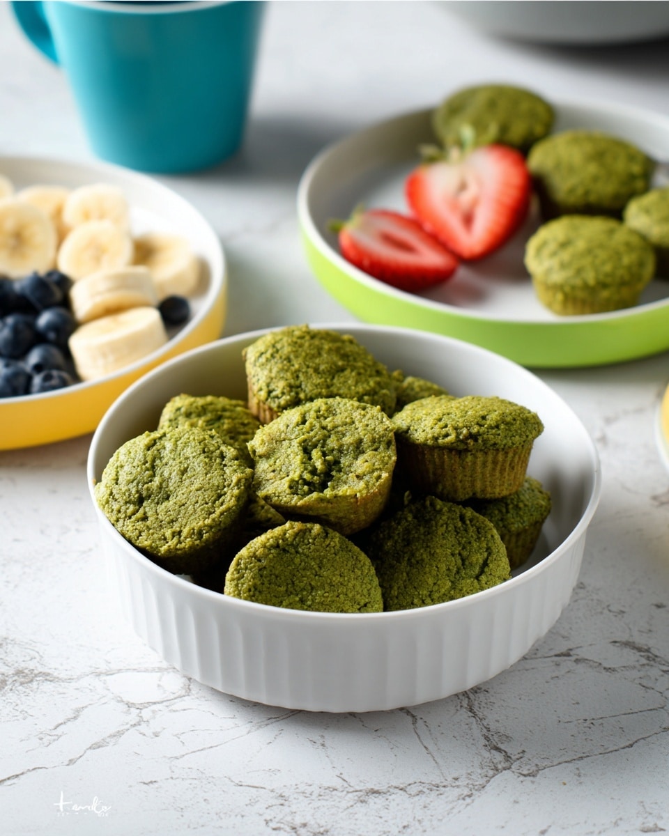 A white bowl filled with many small green muffins stacked inside, showing their rough, crumbly texture and a mix of oval and round shapes. To the left, a white plate holds a few green muffins, along with a neat row of blueberries and banana slices, the bright blue cup behind them. On the right side, another white plate contains green muffins with fresh red strawberries, all resting on a white marbled surface. The scene is colorful with a fresh and natural feeling, showing a healthy snack setting. photo taken with an iphone --ar 4:5 --v 7