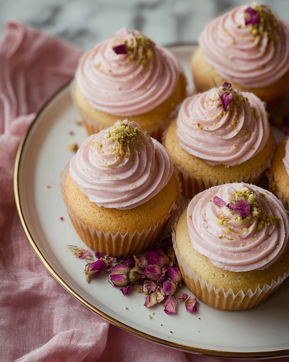 The image shows a white plate with a gold rim holding six vanilla cupcakes, each topped with a swirl of light pink frosting. On top of the frosting, there is a sprinkle of crushed pistachios and a small pink rose petal on one cupcake. The plate is lined with a soft pink cloth, and dried pink rosebuds are placed underneath some cupcakes. The background is a white marbled texture, and a cream-colored fabric is draped around the plate. photo taken with an iphone --ar 4:5 --v 7