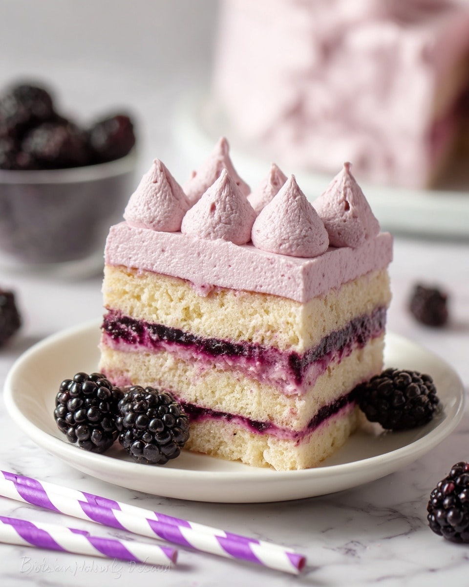 The image shows a square slice of layered cake on a white plate. The cake has three main layers of light yellow sponge soaked with a dark purple blackberry syrup. Between each sponge layer, there is a thick layer of pink blackberry cream. The top layer is covered with dollops of the same pink cream, each smoothly textured with soft peaks. A fresh black blackberry is placed beside the cake on the plate. In the background and foreground, more blackberries and blue-and-white striped paper straws lie on a white marbled surface. The setting is bright and softly lit, emphasizing the creamy and juicy texture of the dessert. photo taken with an iphone --ar 4:5 --v 7